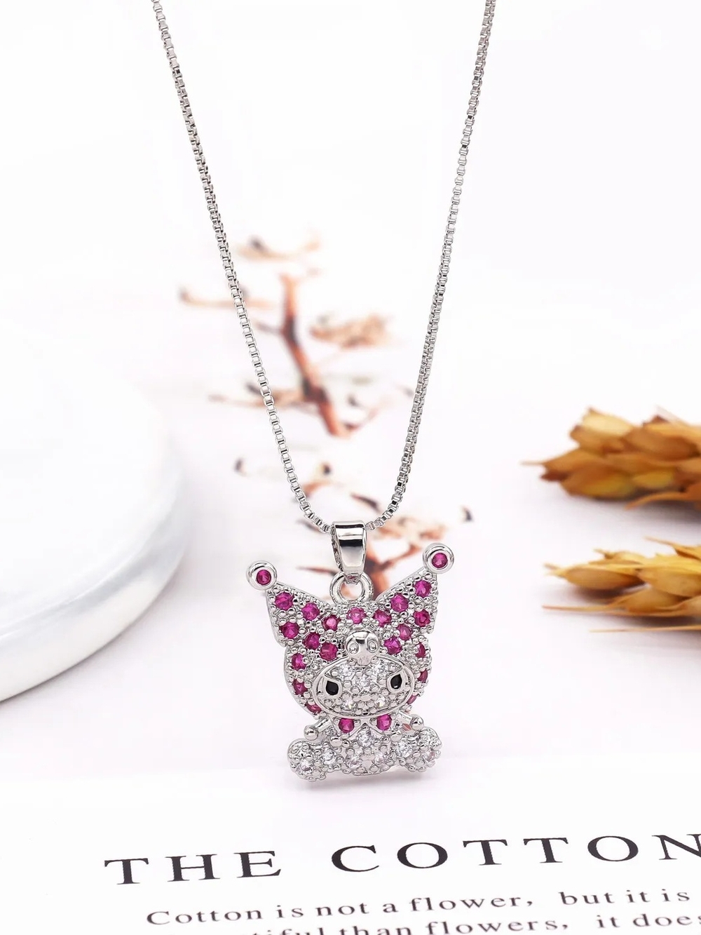 Silver Pink Crystal Cat Pendant Necklace